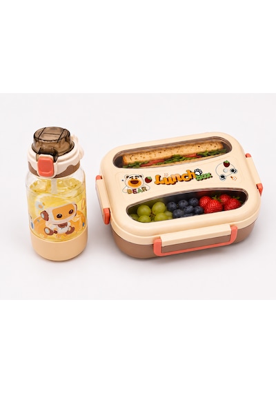 Muzeko Suluklu 2 Bölmeli Paslanmaz Çelik Yemek Kabı Sızdırmaz Kapaklı, Taşınabilir Beslenme Kabı Çatal Kaşık Hediye Krem 2081 1000+550ml Kahverengi - Krem
