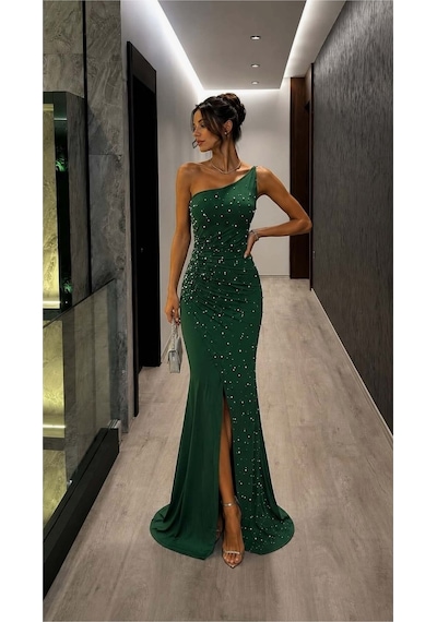 DefyModa Kadın Günlük Tek Omuz Taş Detaylı Abiye Elbise Zümrüt