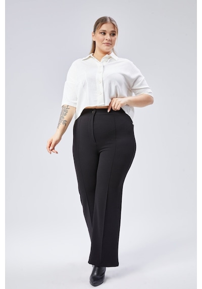 Unika Boutique Yüksek Bel Bol Paça Fermuarlı Büyük Beden Kadın Pantolon siyah
