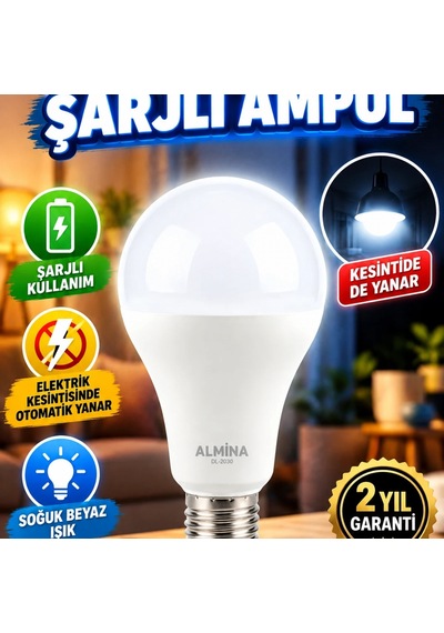 Elektrik Kesintisinde Otomatik Yanan 30w Şarjlı Led Ampul E27 Soğuk Beyaz