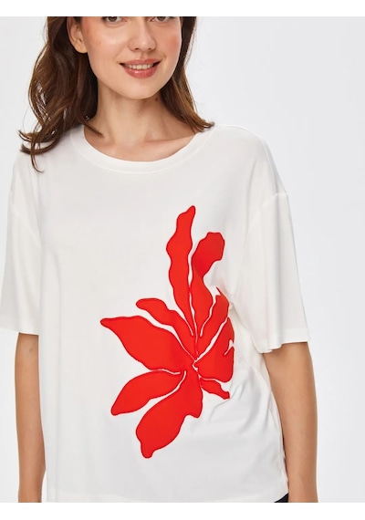 Faik Sönmez Çiçek Aplikeli Yuvarlak Yaka Kadın Kısa Kol T-shirt 69541 Ekru