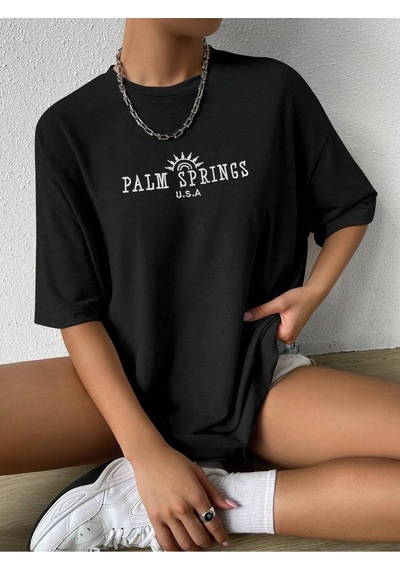 Palm Springs T-shirt - Siyah Baskılı Oversize Bisiklet Yaka Kısa Kol Tişört Siyah Palm Springs T-shirt - Siyah Baskılı Oversize Bisiklet Yaka Kısa Kol Tişört Siyah