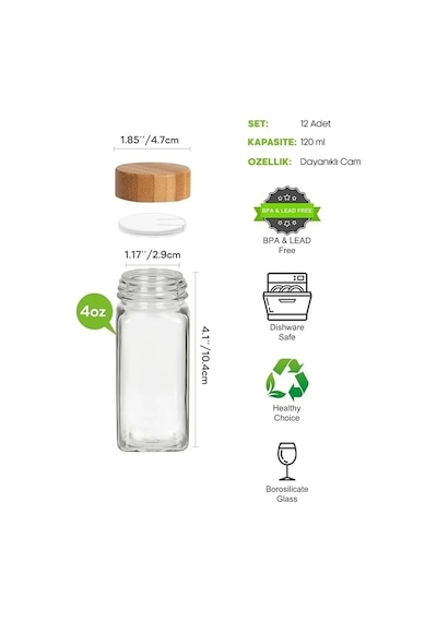 12 Li Bambu Kapaklı Cam Kare Etiketli Formlu Baharatlık Takımı Serpme Başlıklı Baharatlık Set Bej