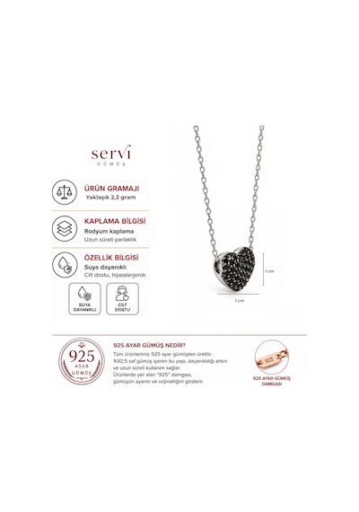 Servi 925 Ayar Gümüş Midnight Love Siyah Zirkon Taşlı Kalp Figürlü Kolye-541