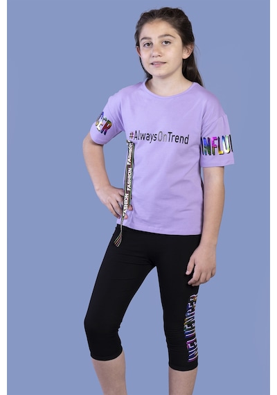 Toontoy Kids Toontoy Kız Çocuk Şerit Detaylı Renkli Baskılı Taytlı Takım Lila