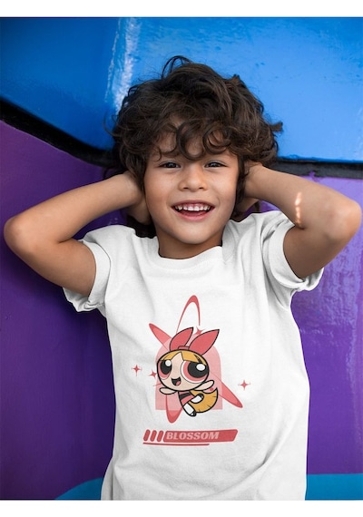Sevbano Blossom Baskılı Unisex Power Puff Girls Çizgi Film Çocuk Tişört Beyaz