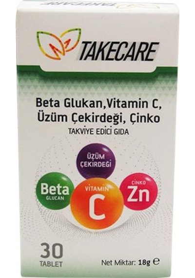 Takecare Beta Glukan Vitamin C Üzüm Çekirdeği ve Çinko İçeren Takviye Edici Gıda 30 Tablet