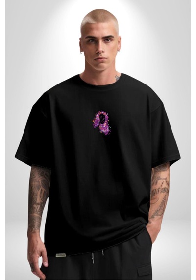 Kelebekler Kanser Günü Ve Kadınlar Günü Siyah Oversize Unisex Ön Orta Minimal Baskılı Tişört Siyah