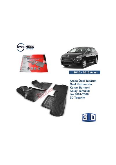 Peugeot 3008 Paspas 3D Siyah Rizline Havuzlu 2010-2015 Arası