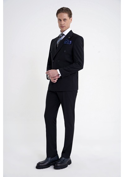 Efor Slim Fit Çift Yırtmaç %95 Pamuk Lacivert Çizgili Kruvaze Takım Elbise Tk 945
