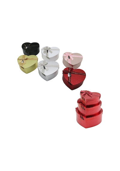 3pcs Kalp Parlak Mix Renkli - Kabartma Desen Karton Hediye Kutusu Kurdelalı 22x20-19x17-16x14cm 5131