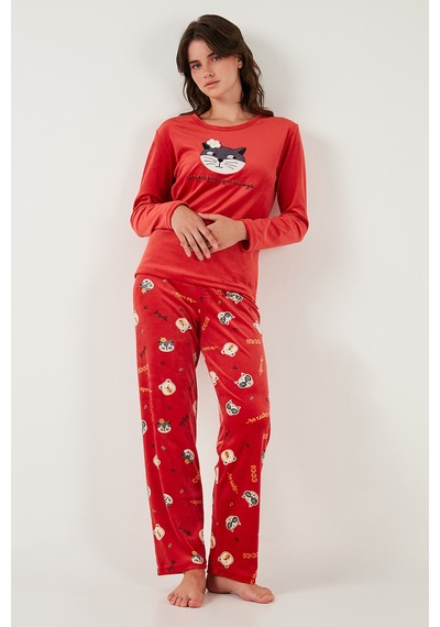 Lela Desenli Regular Fit Bisiklet Yaka Uzun Kollu Bayan Pijama Takımı 65713312 Kırmızı Lela Desenli Regular Fit Bisiklet Yaka Uzun Kollu Bayan Pijama Takımı 65713312 Kırmızı