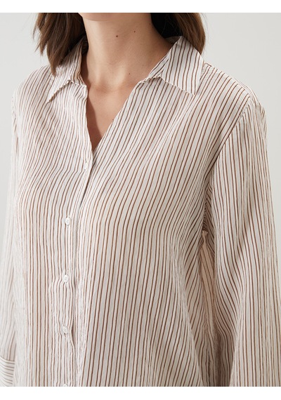 Lcw Comfort Ekru Çizgili Oversize Kadın Gömlek