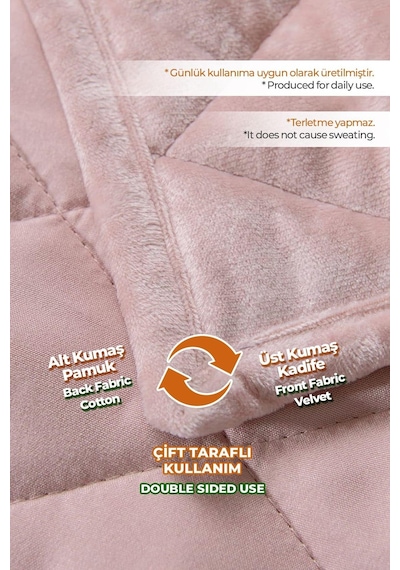 Evlen Home Kapitone Kadife Yatak Örtüsü Seti Çift Kişilik Supersoft 3 Parça Yumuşak Elyaf Dolgulu Pudra Pudra