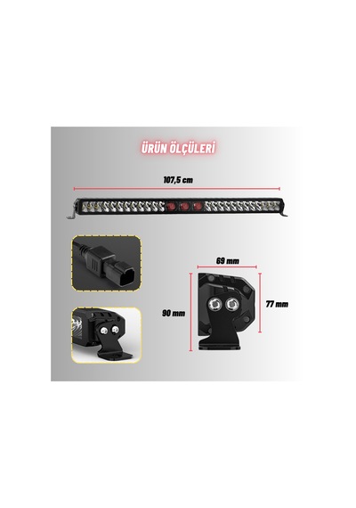 Off-road Premium Tavan Led Bar 105 Cm Beyaz Işık Projektör Kırmızı Göz Gündüz Led Metal Gövde