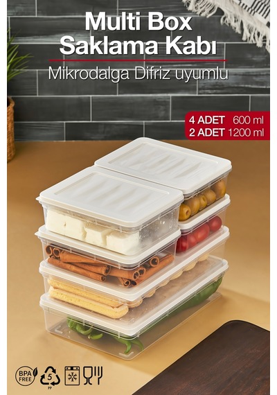 Multi Box 6 Parça 2 Farklı Boy Saklama Kabı Seti - Dondurucu & Mikrodalga Uyumlu Krem