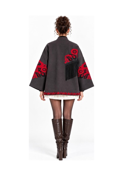 Saade Füme Etnik Çiçek Nakışlı Püsküllü Kimono Ceket Fume