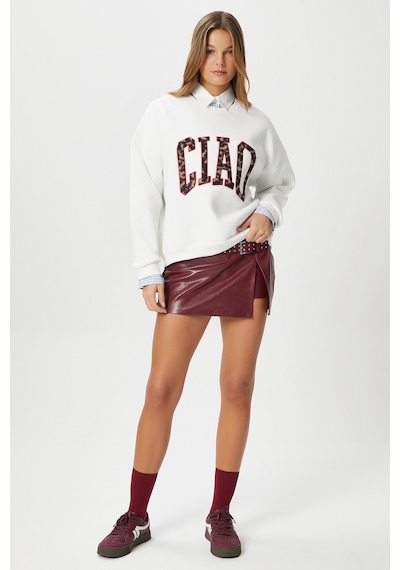 Kadın Ciao Nakışlı İçi Polarlı Leopar Ekru Oversize Seeatshirt Ekru