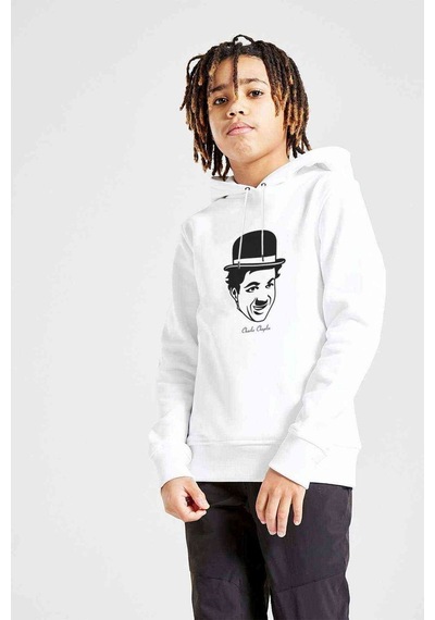 Tshirthane Charlie Chaplin Baskılı Unisex Çocuk Kapüşonlu Beyaz Sweatshirt (528916008)