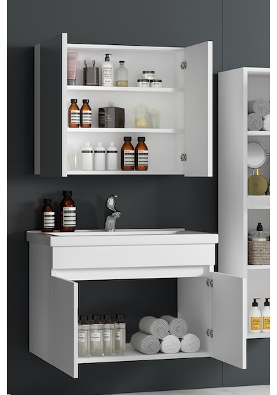 Çiğdem 80 Cm Beyaz Mdf Seramik Lavabolu Asma Banyo Dolabı Takımı Beyaz