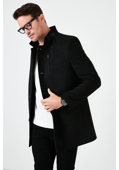 Buratti Slim Fit Düğmeli Dik Yaka Kaşe Erkek Kaban 5840099 Siyah