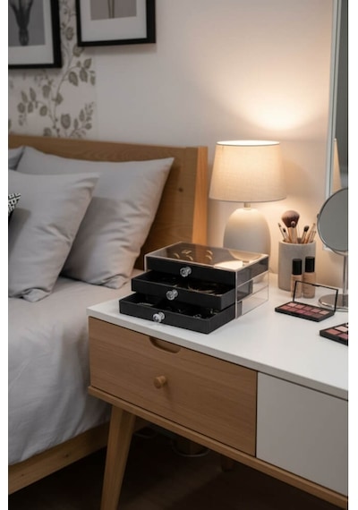 Piev House By House Kadife Kumaş Kaplı Üç Katlı Çekmeceli Takı Kozmetik Organizer Siyah