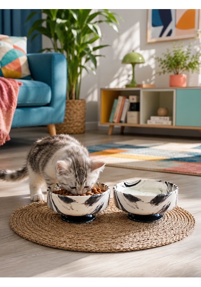 Mama Kabı Kedi Ve Köpek Ayaklı 2 Li Seramik Doğal Mama Ve Su Kabı Siyah Marble