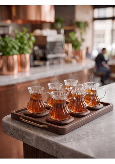 Lüks Detaylı Kulplu Cam Çay Bardağı Seti 6 Kişilik 150 Ml Beyaz