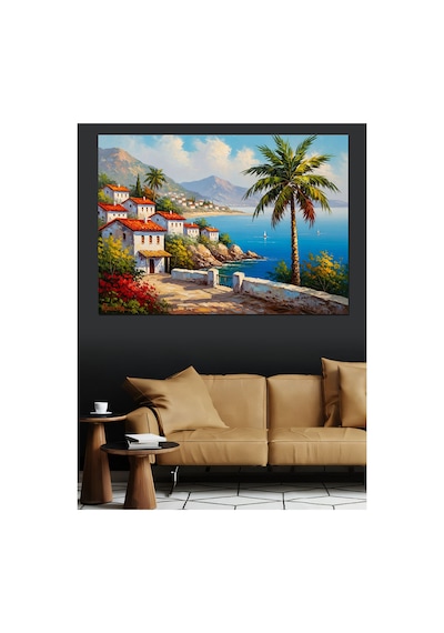 Deniz Manzaralı Çiçekli Balkon Köşesi Yağlı Boya Dokulu Kanvas Tablo Canvas Tablosu