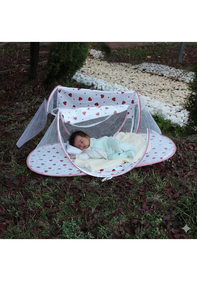 Çantalı Katlanabilir Bebek Cibinlik Gölgelik Çadırı 60x120 Cm Kalp Desenli, Sinek Ve Haşere Koruma