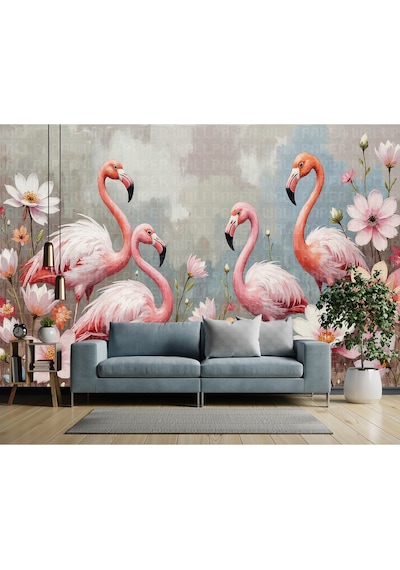 Flamingolar Renkli Çiçekler Poster Duvar Kağıdı
