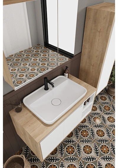 Lale Beyaz 90 Cm %100 Mdf Lavabolu Banyo Dolabı + Boy Dolabı Beyaz Meşe