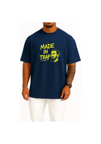 Bahriyeli Collection Oversize Ezhel Graffiti Style - Made İn Trap Göğüs Tasarımlı Unisex T-shirt Lacivert