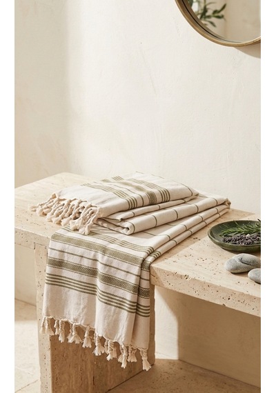 Pamuk Peştemal 100x180 Cm Çizgili Plaj Havlusu, Hamam Havlusu, Sauna Havlusu, Çok Amaçlı Kullanım Haki