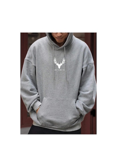 Tarzsokak Unisex Kadın/erkek Geyik Renkli Oversize Kapüşonlu Sweatshirt Gri