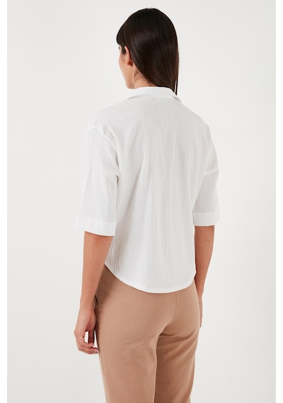 Lela Regular Fit Çift Cepli Kısa Kollu Bayan Gömlek 5865644 Ekru