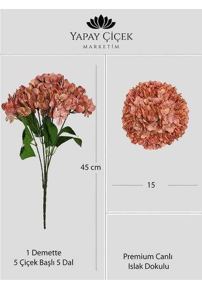Koyu Turuncu Yapay Ortanca Çiçeği 5 Dallı Premium Canlı Islak Dokulu 42 Cm