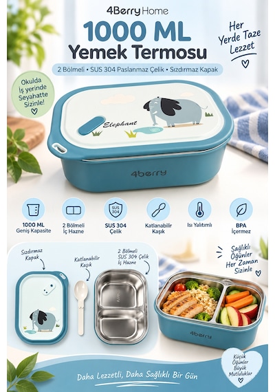 2 Bölmeli Yemek Termosu - Mavi Fil Desenli Beslenme Kabı - 1000 Ml, Sızdırmaz, Kaşıklı, Paslanmaz Çelik