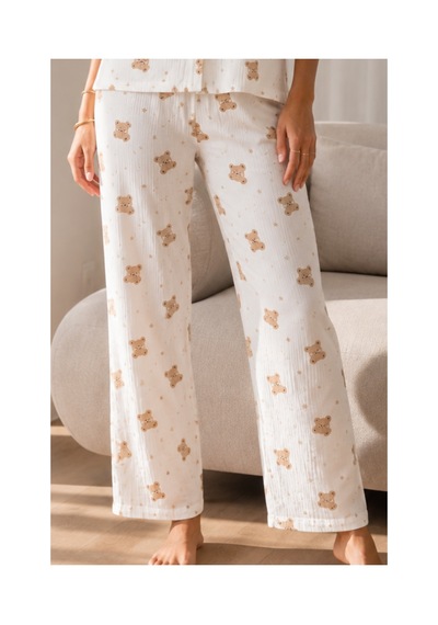 Fit Women Kadın Loose Uzun Paça Pamuk Kırık Beyaz Pijama Takımı