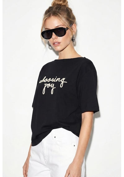 Shade Kadın Nakışlı Yazı İşlemeli Kayık Yaka T-shirt 60382604 - Siyah