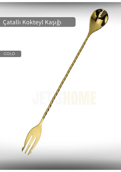Gold Kokteyl Kaşığı Çift Başlıklı Paslanmaz Barista Kaşığı Çatallı Barmen Kaşığı Çelik 30 Cm Gold