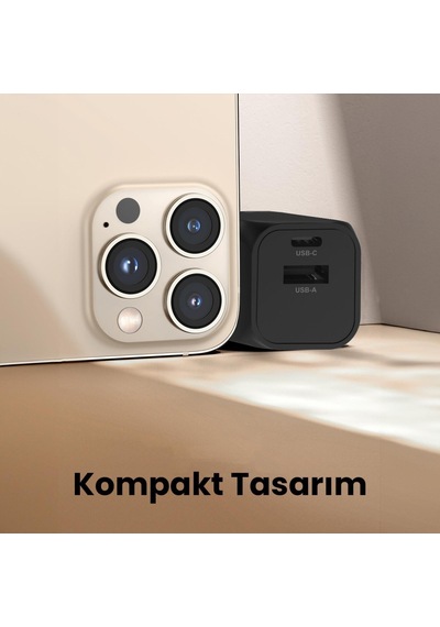 Juo 20W GaN USB-C + USB-A Şarj Aleti iPhone & Apple Uyumlu iPad  & Android PD QC4.0 Type-C Hızlı Şarj Cihazı Siyah