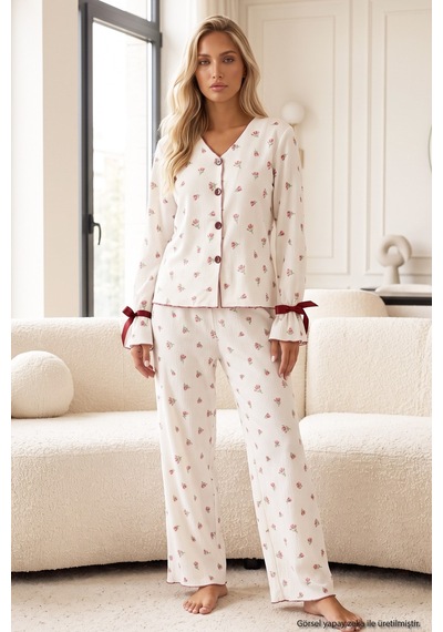 Siyah İnci Desenli Bürümcük-krınkıl Kurdele Detaylı Düğmeli Hırka Pijama Takım 26223921 Ekru Lale