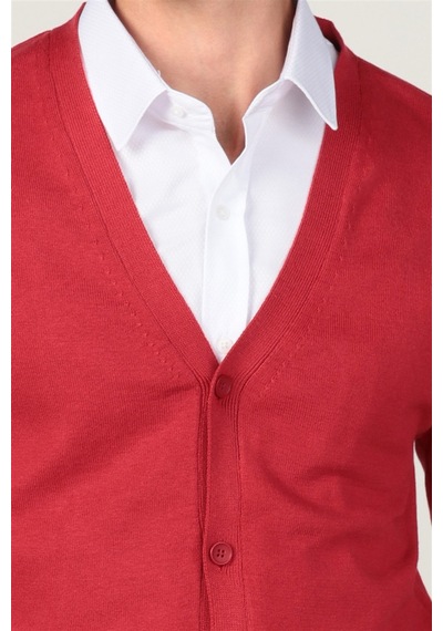 Tudors Slim Fit Dar Kesim Düğmeli Düz Pamuk Erkek Hırka-24131 Kırmızı