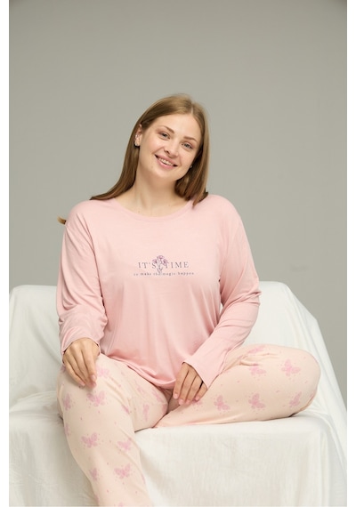 Siyah İnci Curve Büyük Beden Battal Boy Pamuklu Pijama Takım25240803 Pudra