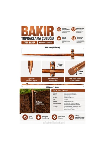 Bakır 1mt 18lik Tam Bakır Topraklama Çubuğu Çap 18mm Boy 100cm Cu Kelepçe Dahil