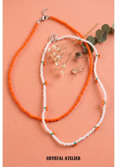 Crystal Atelier 2'li Turuncu Kiraz Boncuk Kolye Seti El Yapımı Kum Boncuk Beyaz Turuncu İkili Choker Kombini Meyve Temalı Hediyelik Kolye Turuncu - Beyaz