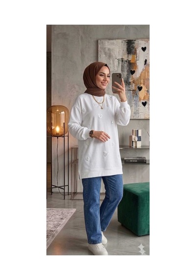 Peka Payet Pul İşlemeli Kalp Desenli Kadın Tesettür Tunik- Sweatshirt Beyaz Beyaz