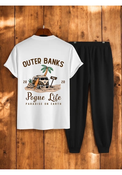 Uyguntarz Unisex Outer Banks Tasarım Basklı Tshirt Eşofman Takımı Beyaz