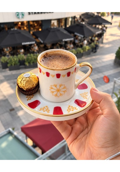 2 Kişilik Porselen Acem Kırmızı Kahve Fincan Takımı-7717 Çok Renkli